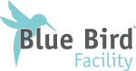 Logo von Blue Bird Facility mit türkisfarbenem Vogel-Symbol und grauer Schrift auf transparentem Hintergrund.